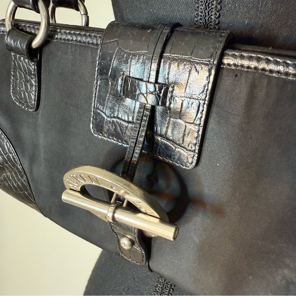 RALPH LAUREN Black Nylon Leather Croc Embossed East West Bag Silver Toned - Picture 4 of 14